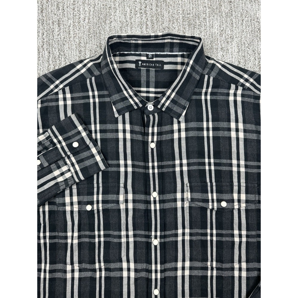 American Tall Mens Plaid Pearl Snap Shirt XLT Tall Black Long Sleeve